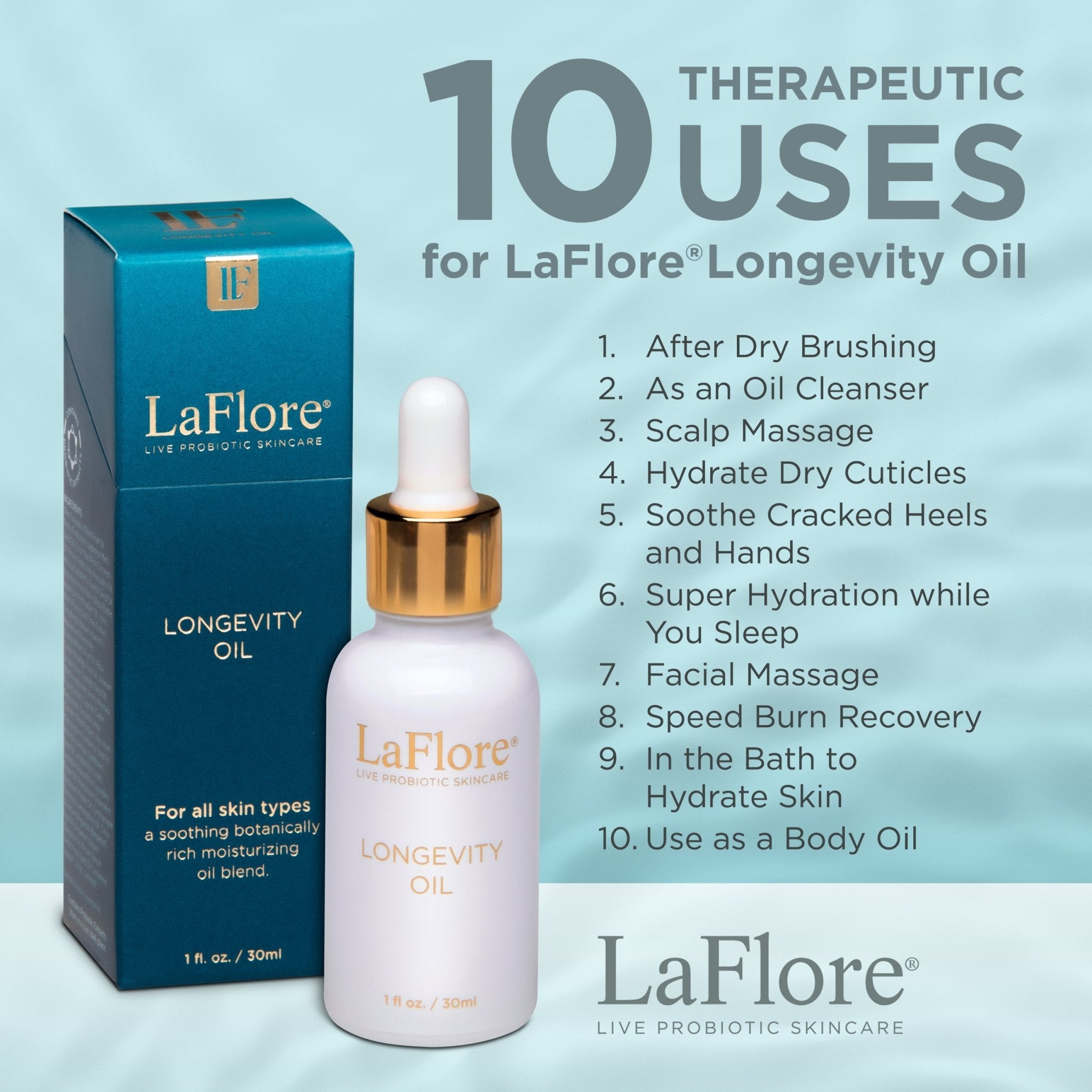 Longevity Oil - Soothe Skin- LaFlore Live Probiotic Skincare- 10 uses